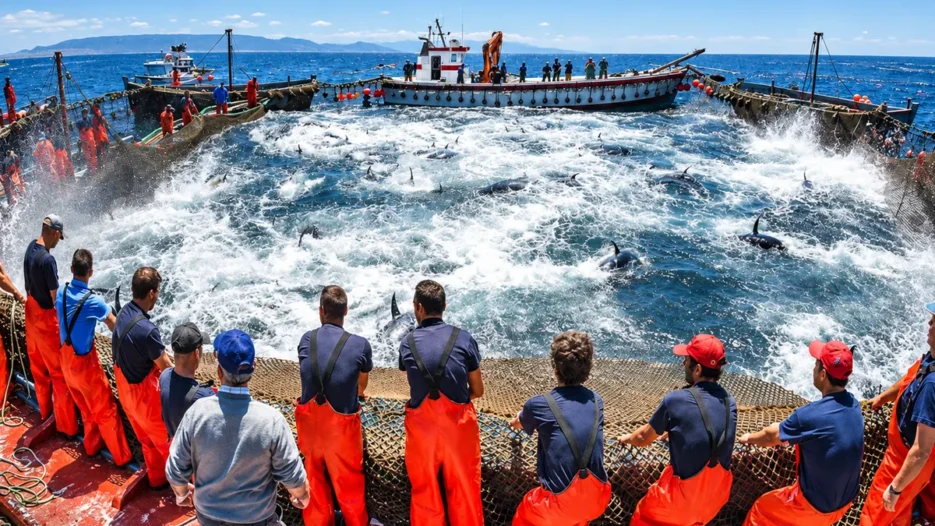 Ilustração de pescadores recolhendo uma grande rede de pesca com atuns, cercados por embarcações em alto-mar.