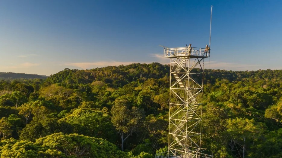Torre de observação do Cristalino Lodge acima da copa das árvores da floresta amazônica, em Mato Grosso.
