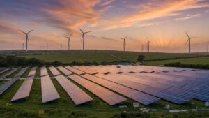 Parque de energia solar com painéis fotovoltaicos em primeiro plano e turbinas eólicas ao fundo sob céu dourado, representando infraestrutura de energia renovável no Brasil