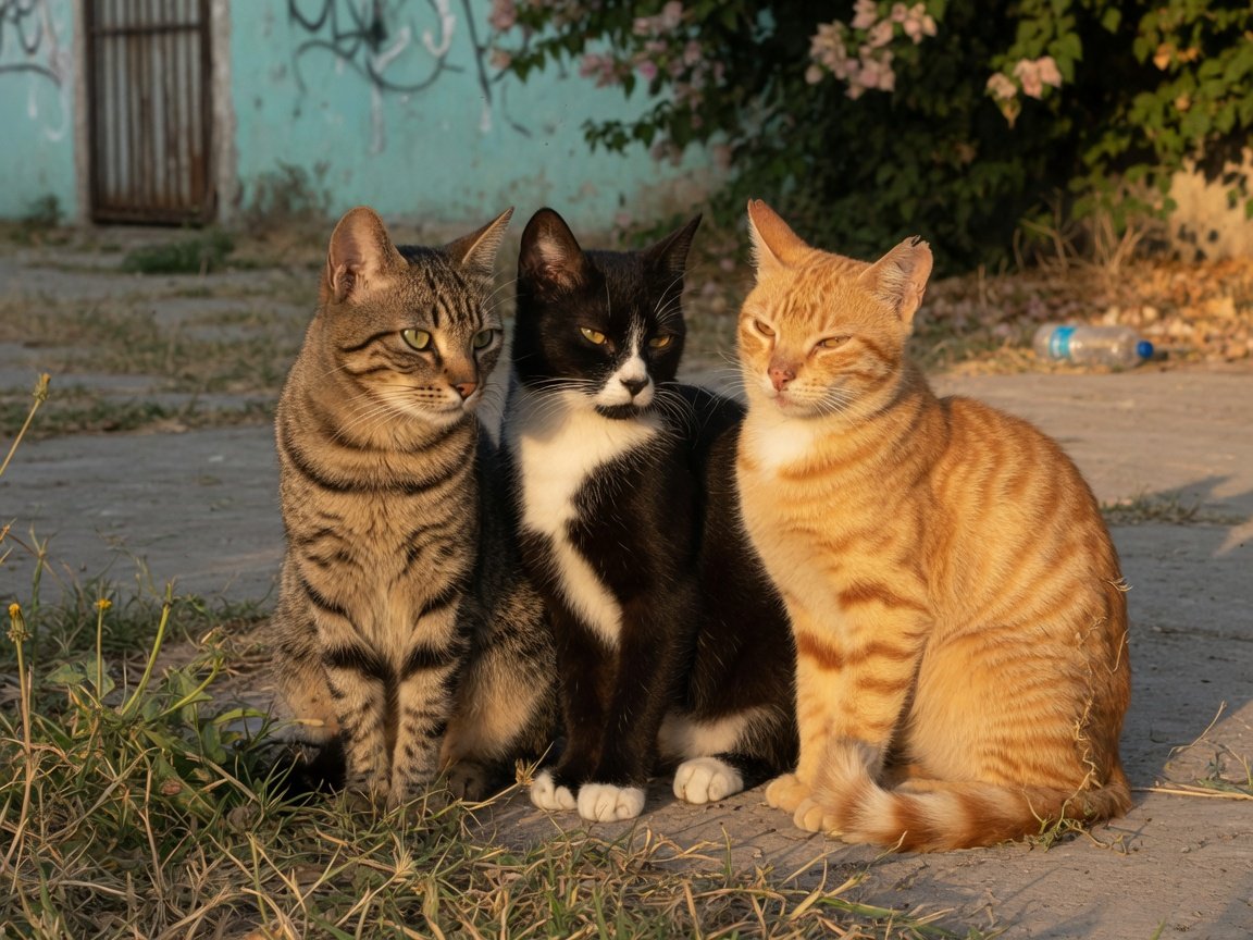 Três gatos vira-lata com diferentes padrões de pelagem sentados juntos ao ar livre