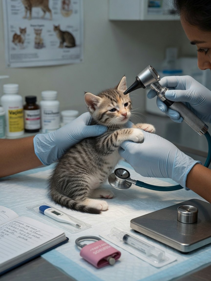 Filhote de gato SRD sendo examinado com cuidado, demonstrando a importância dos cuidados veterinários