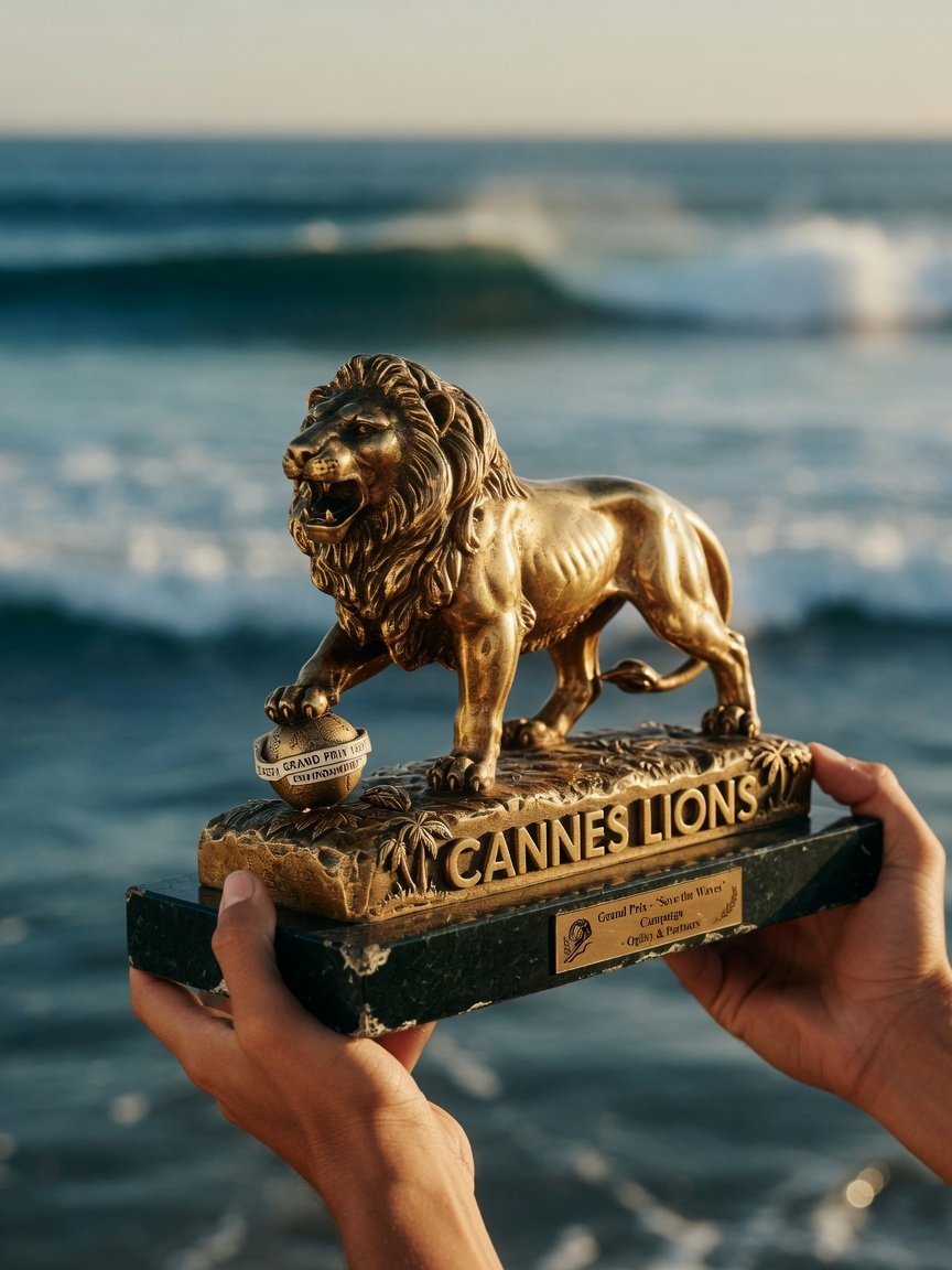 Troféu Leão de Cannes sendo segurado com oceano ao fundo, simbolizando premiação da campanha ambiental brasileira
