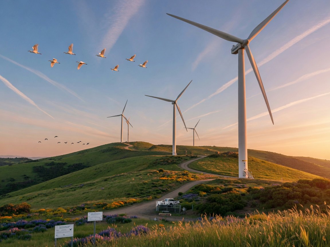 Turbinas eólicas em colinas verdes com vegetação nativa preservada e aves voando, demonstrando integração entre energia limpa e biodiversidade