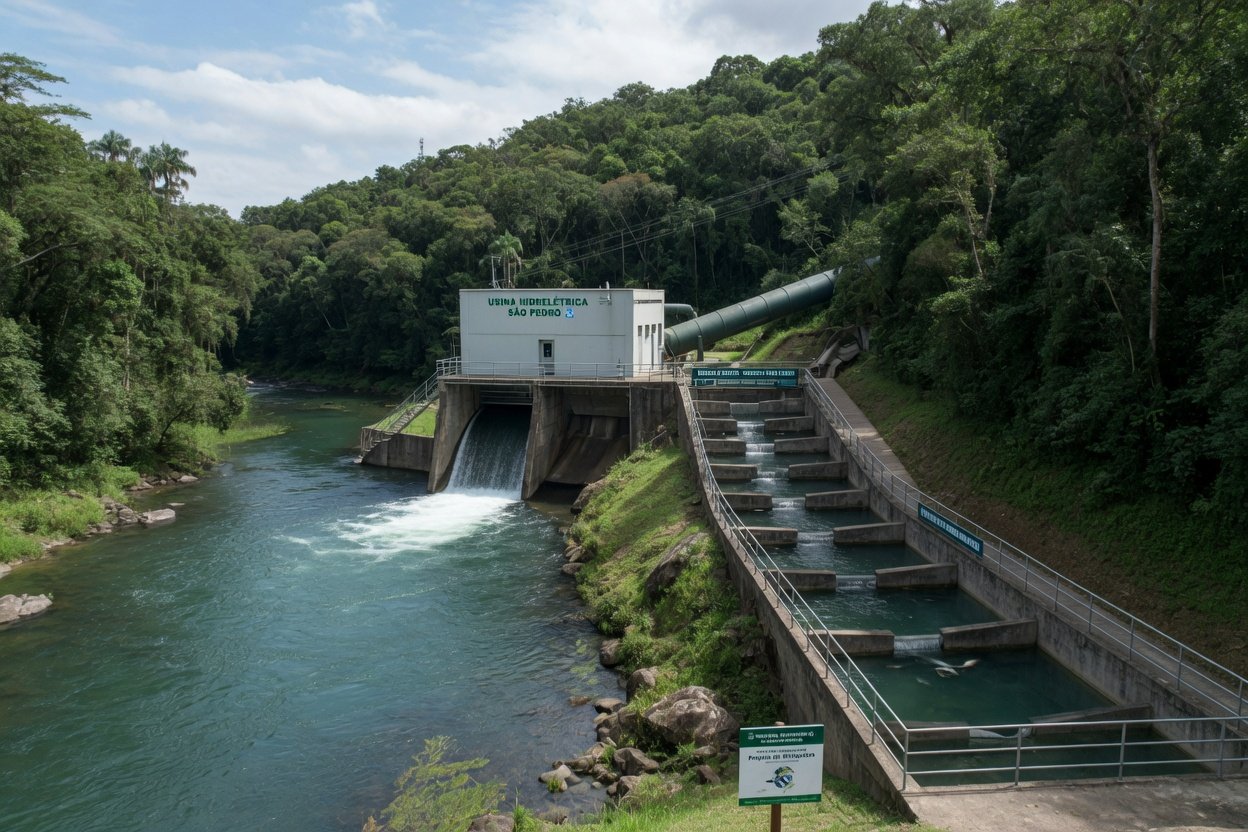 Pequena central hidrelétrica em rio com mata ciliar preservada e escada para peixes, exemplificando geração sustentável de energia