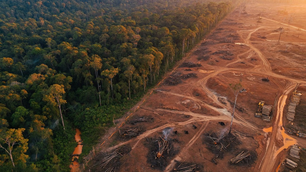 Fotografia aérea mostrando contraste entre ecossistema florestal preservado e área desmatada com linha divisória clara