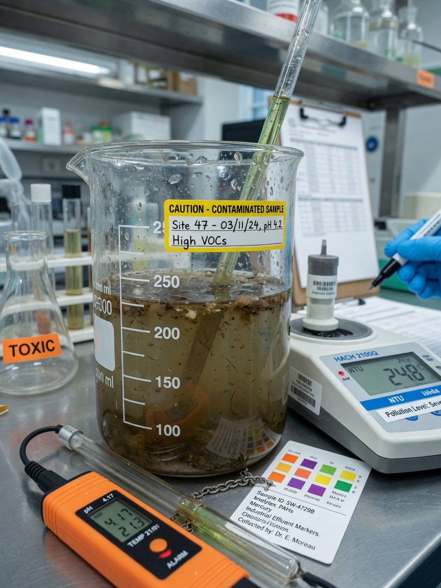 Amostra de água contaminada em vidraria científica com instrumentos de medição mostrando indicadores de poluição química em laboratório
