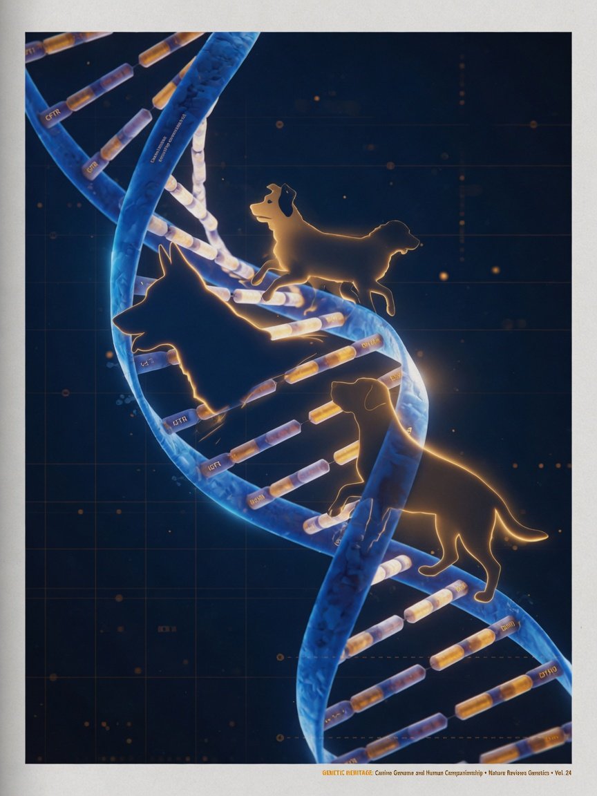 Estrutura de DNA em dupla hélice com silhuetas caninas integradas, representando a herança genética entre espécies