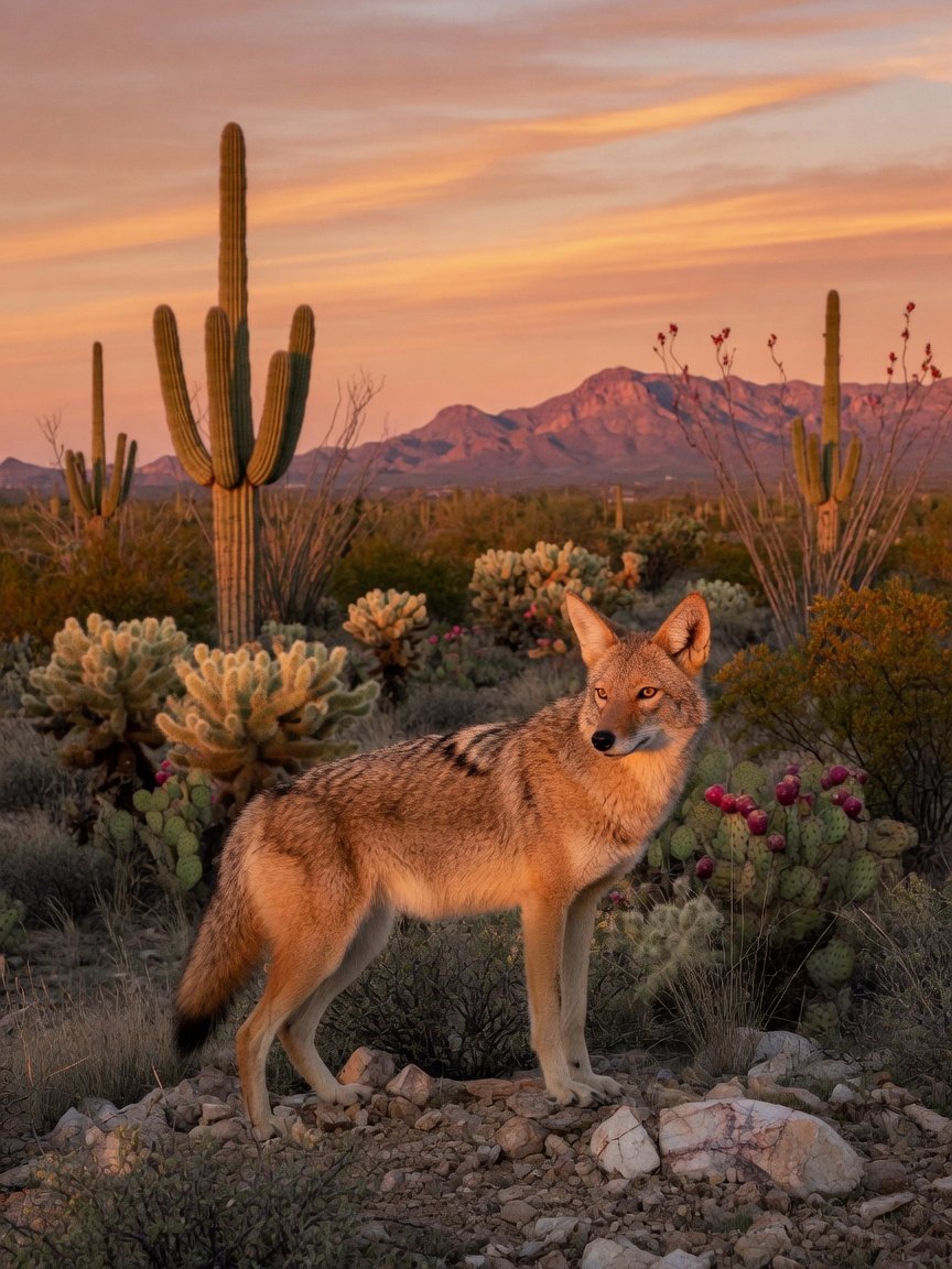 Coiote selvagem em paisagem de deserto mexicano com cactos ao fundo, em postura alerta durante o entardecer