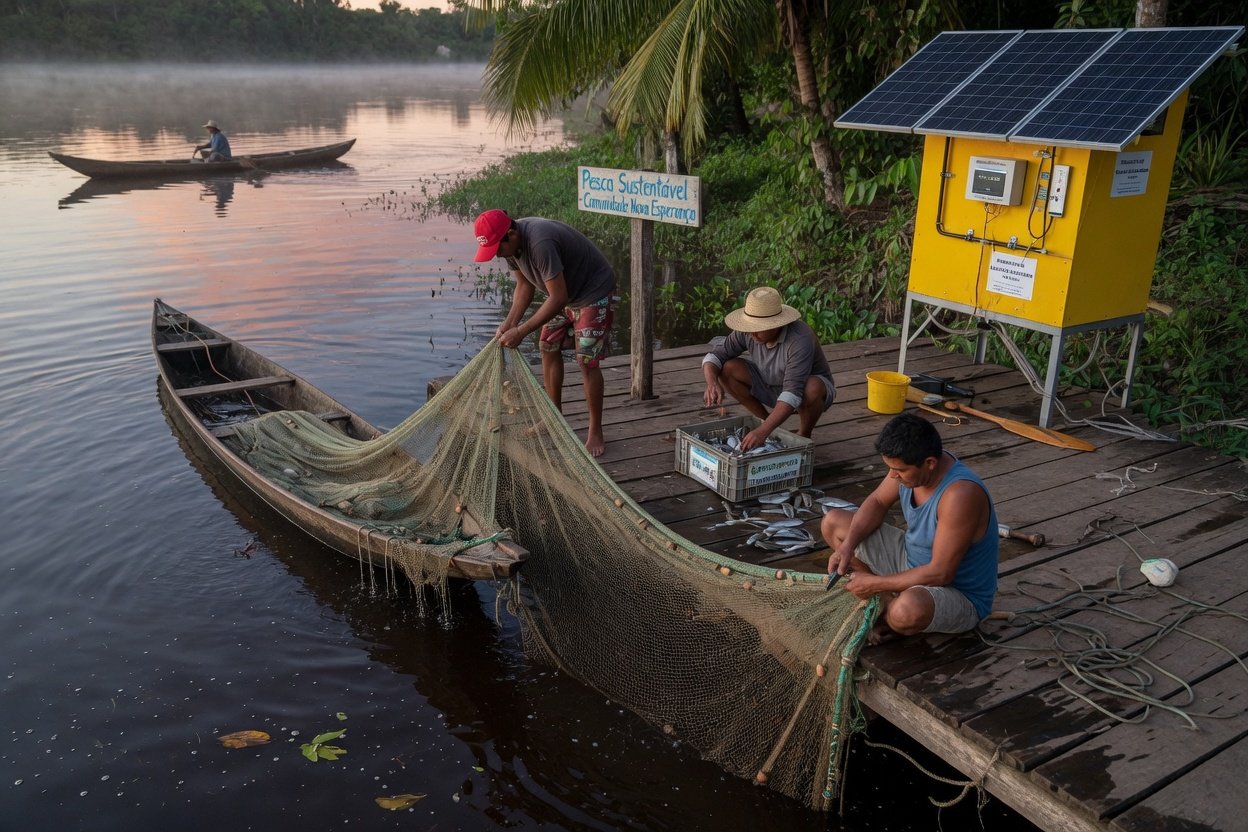 Pescadores ribeirinhos trabalhando com redes de pesca sustentável em píer de madeira com equipamento de refrigeração solar ao fundo no Rio Negro
