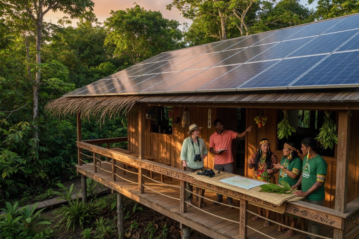 Pousada de ecoturismo com painéis solares no telhado em meio à floresta amazônica, com turistas e guias locais na varanda de madeira