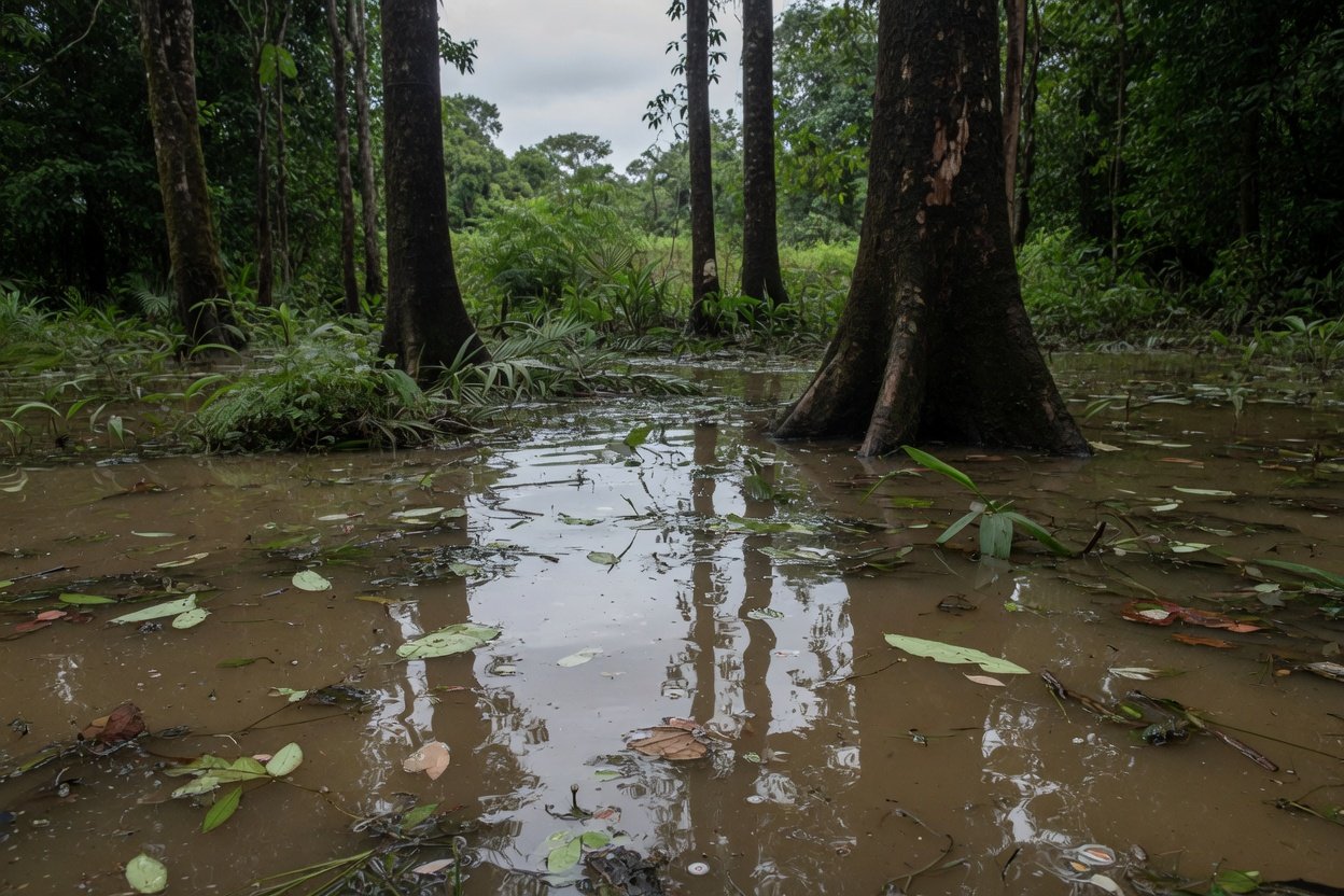 Floresta amazônica inundada no Acre com água cobrindo o solo e base das árvores durante enchente severa