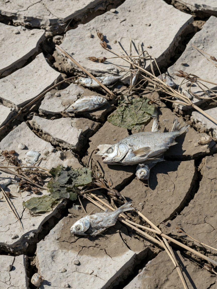 Solo rachado pela seca com peixes mortos e vegetação aquática ressecada evidenciando impacto ambiental no Acre