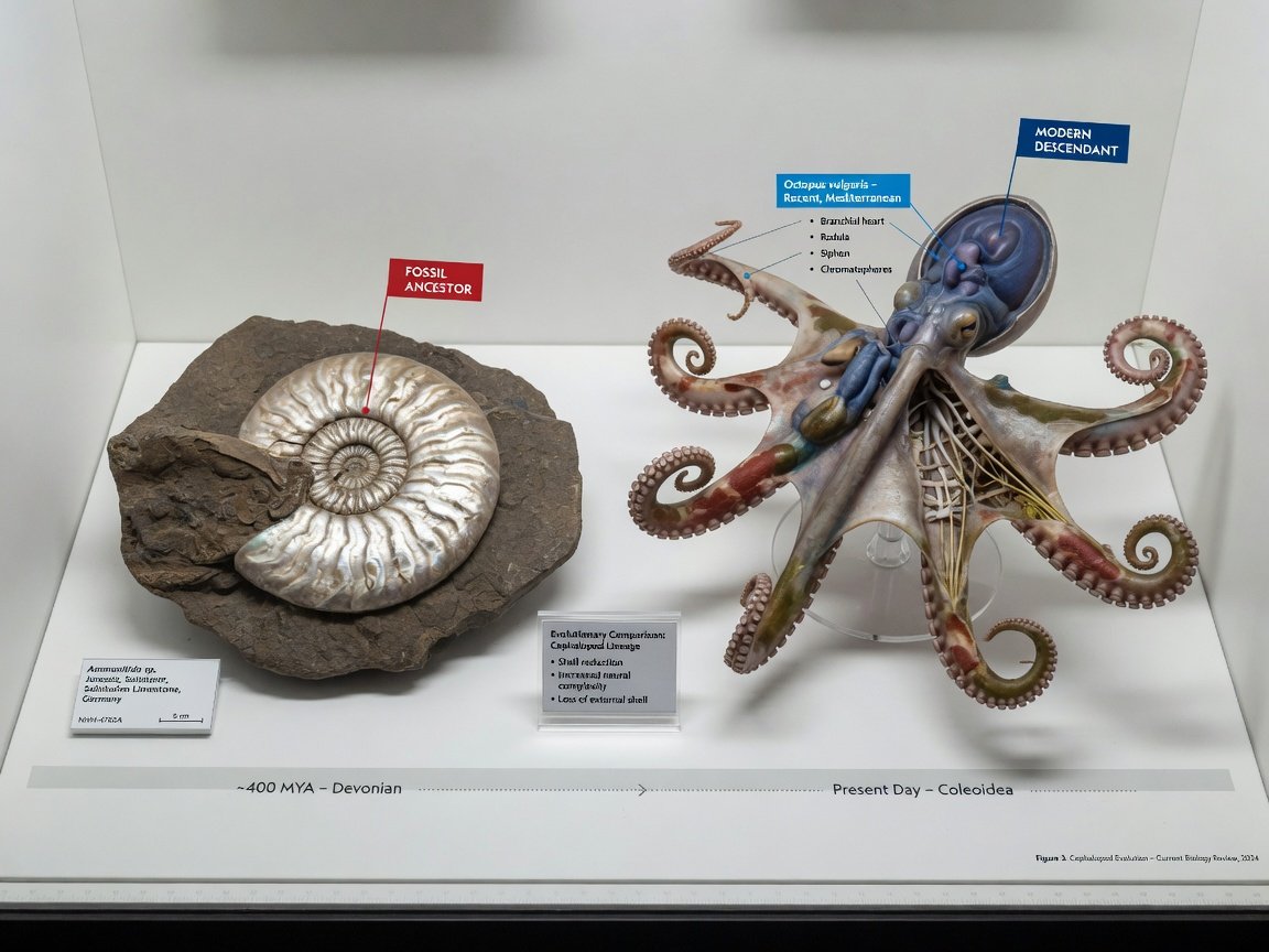 Comparação visual entre fóssil de vampiropode antigo e modelo anatômico de polvo moderno ilustrando evolução dos cefalópodes