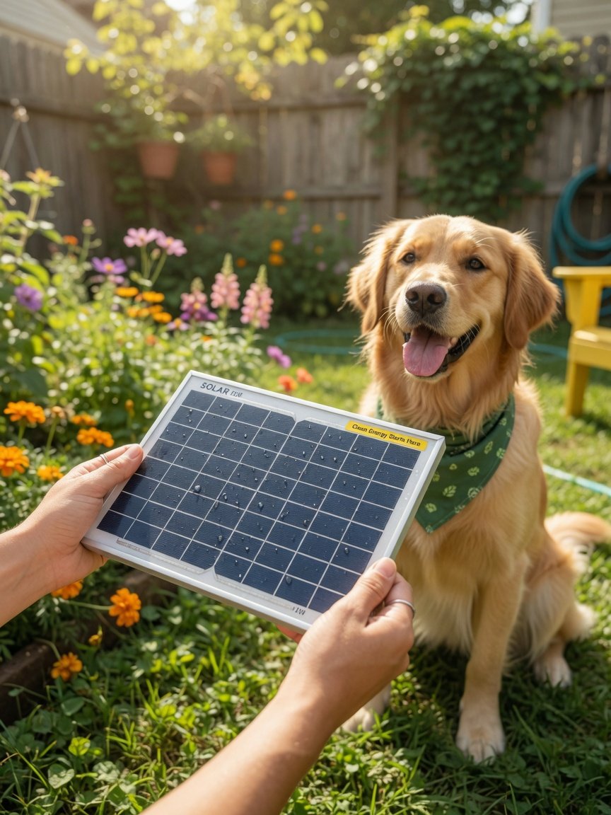 Mãos segurando mini painel solar com cachorro golden retriever ao lado em jardim ensolarado com grama verde