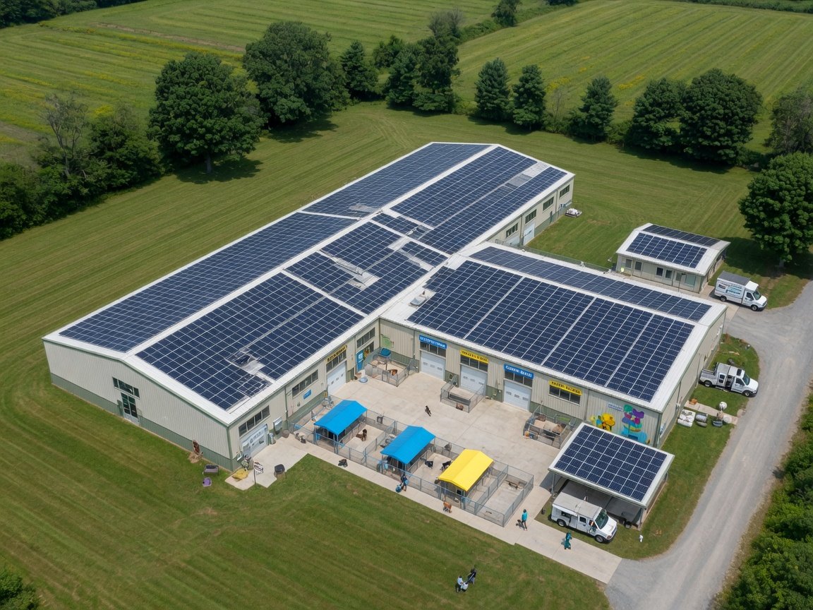 Vista aérea de abrigo de animais com extensa cobertura de painéis solares no telhado, cercado por áreas verdes
