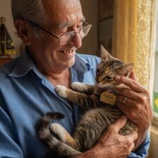 Homem idoso segurando carinhosamente um gato vira-lata tigrado nos braços, representando o momento emocionante da adoção de um SRD