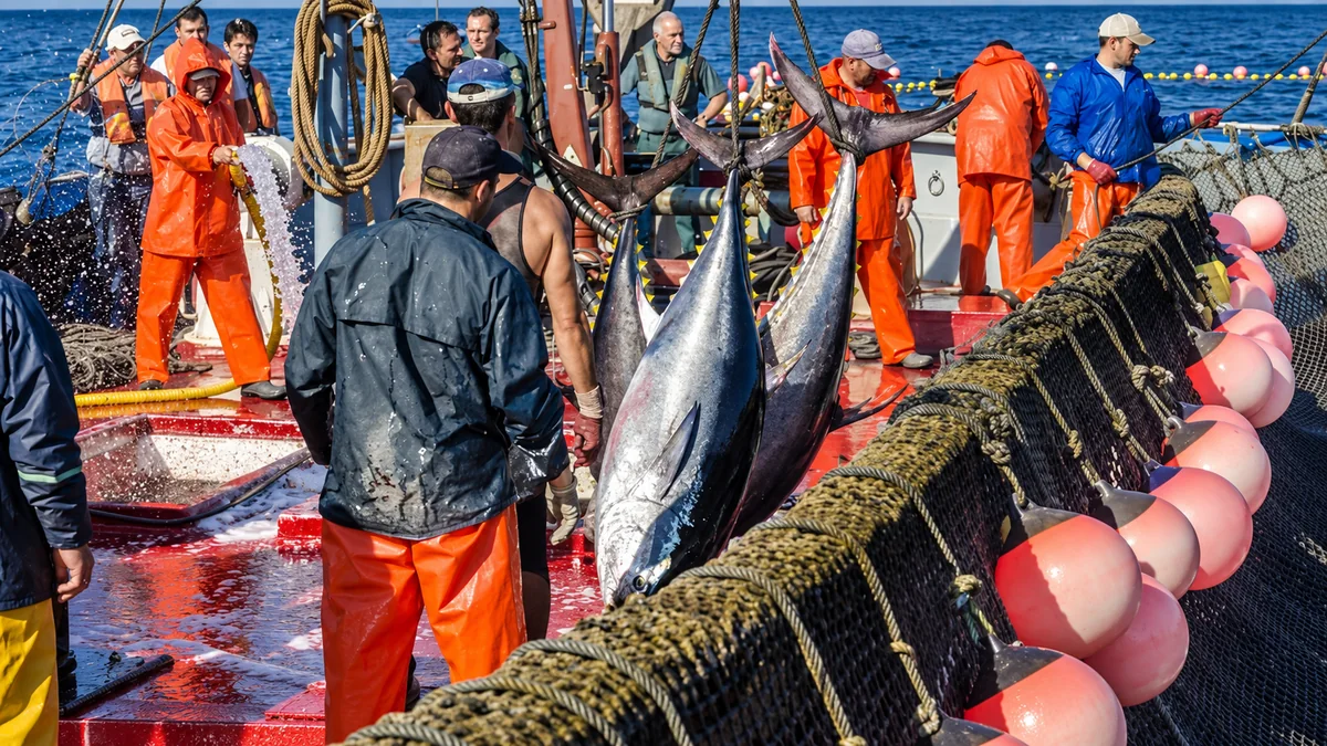 Tripulação de uma embarcação pesqueira com roupas de proteção transporta grandes atuns junto a redes de pesca no convés.