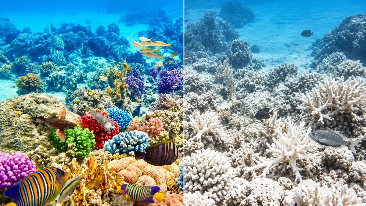 Recife de coral em águas tropicais com estruturas calcárias e organismos marinhos, ilustrando a importância da conservação oceânica.