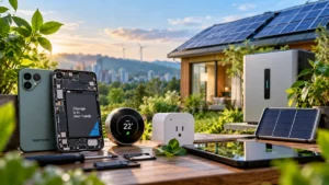 Tecnologias sustentáveis com celular reparável, tomada inteligente, painel solar e sistema de armazenamento de energia em uma residência.