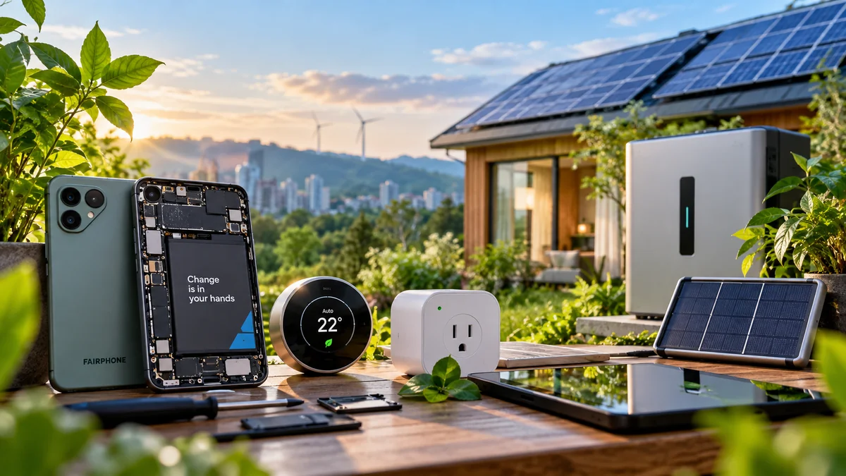 Tecnologias sustentáveis com celular reparável, tomada inteligente, painel solar e sistema de armazenamento de energia em uma residência.
